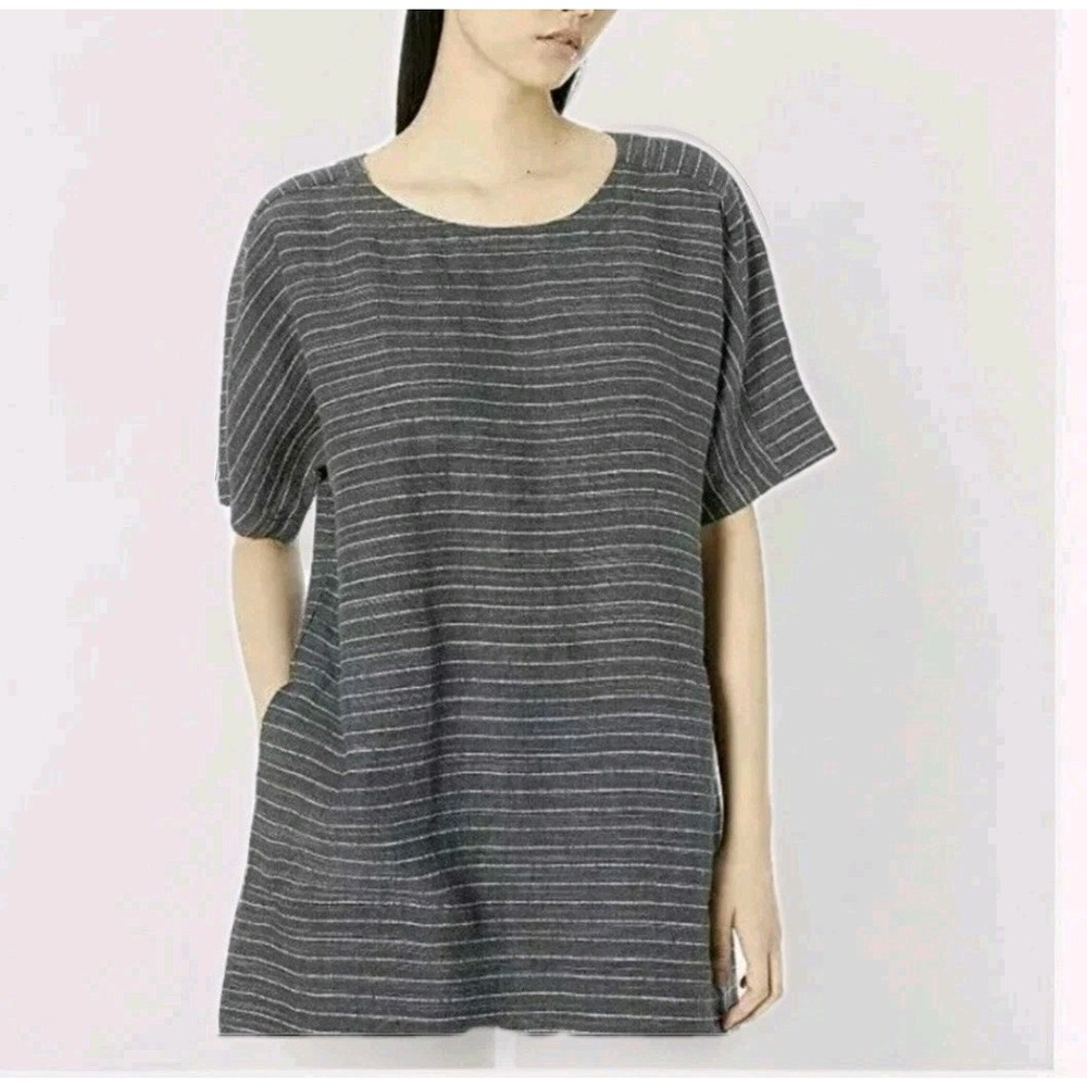Eileen Fisher Graphite Organic Linen Scoop Neck Tunic Dress Petite Small Pockets